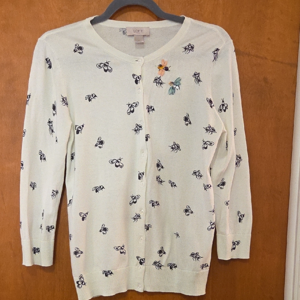 LOFT Cream Cardigan with Floral Embroidery